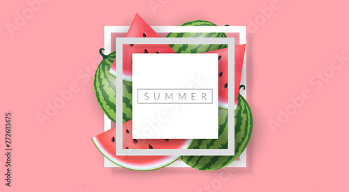 Simple geometric square frame with watermelon slice, for summer design. Vector illustration with pink background and fresh fruit, for summer template design or background