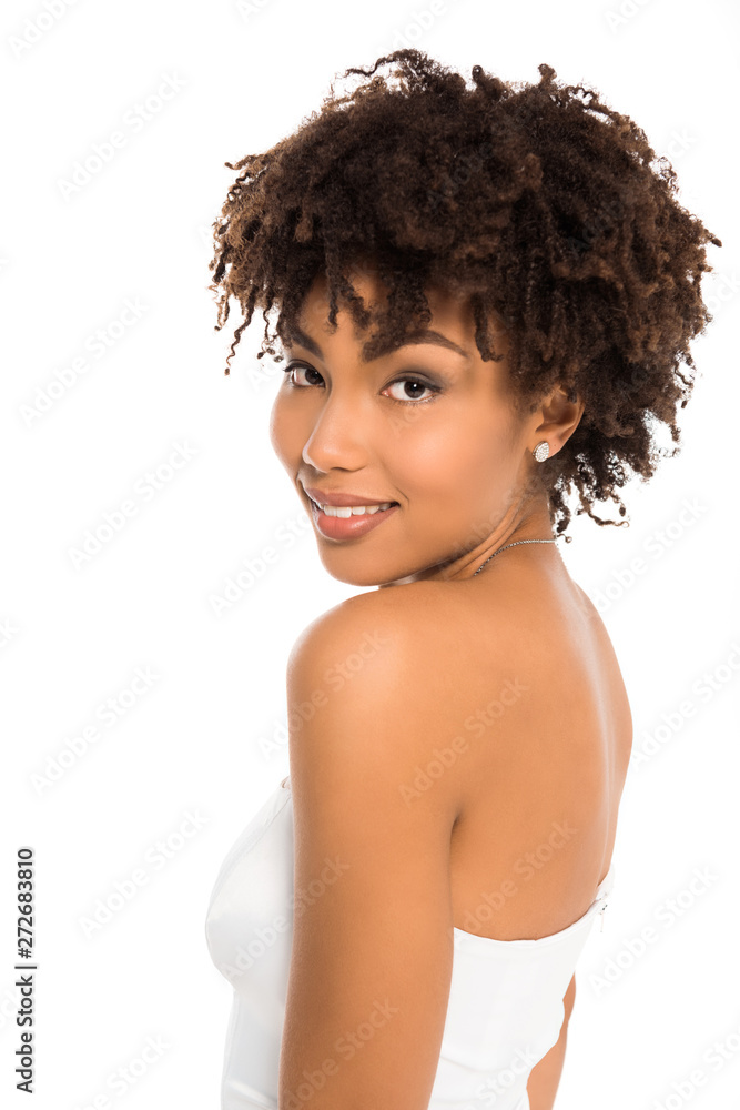 beautiful african american bride smiling while looking at camera isolated on white beautiful african american bride smiling while looking at camera isolated on white