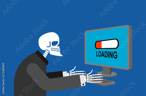 Skeleton and PC long loading. Slow work computer froze vector illustration