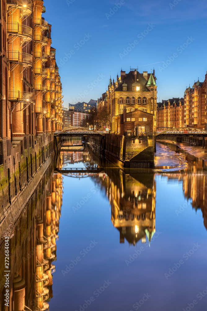 The red warehouses in the Speicherstadt in Hamburg at night