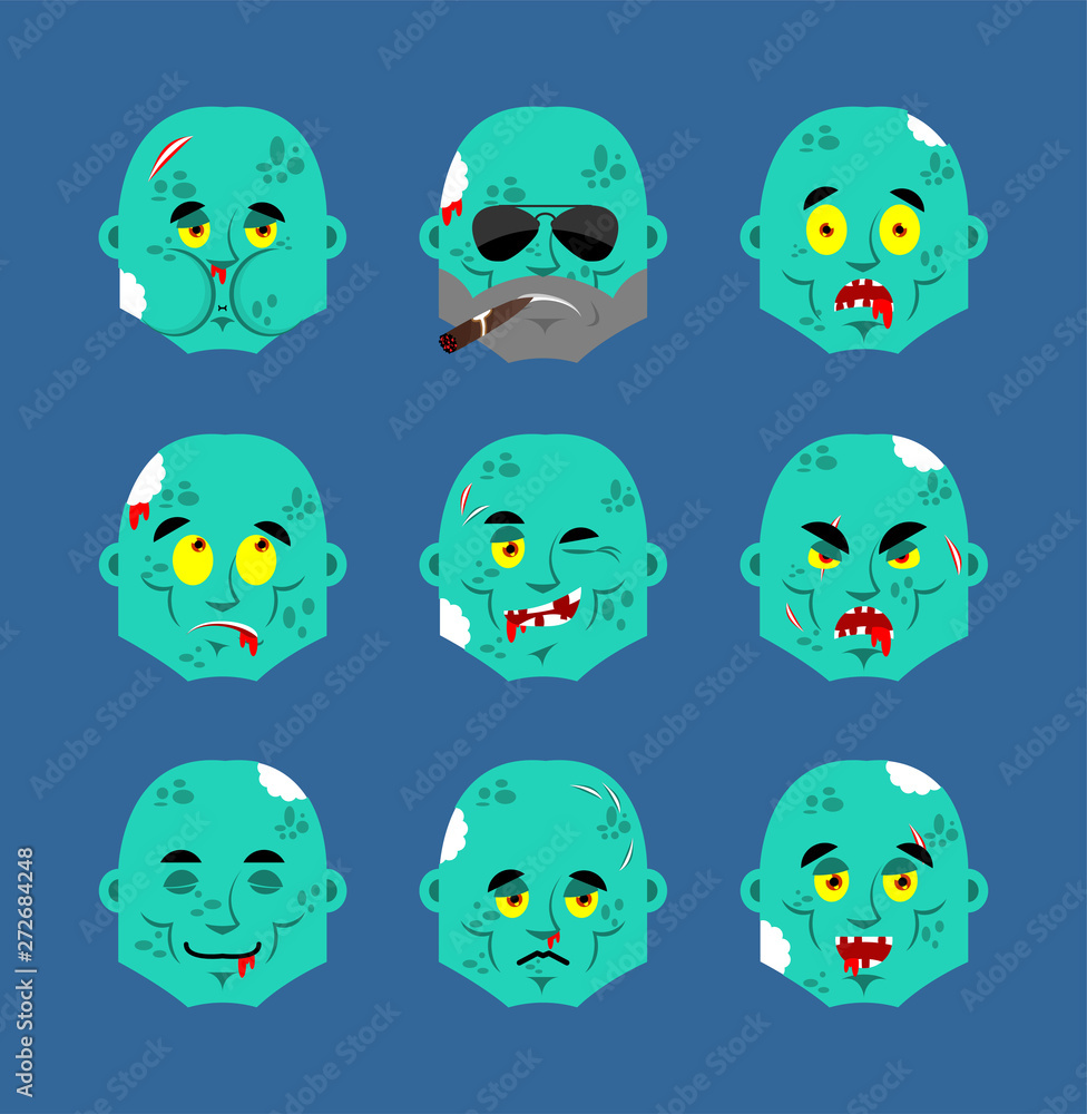 Zombie set emoji avatar. sad and angry face. guilty and sleeping. Living Dead sleeping emotion face. Undead Vector illustration Zombie set emoji avatar. sad and angry face. guilty and sleeping. Living Dead sleeping emotion face. Undead Vector illustration