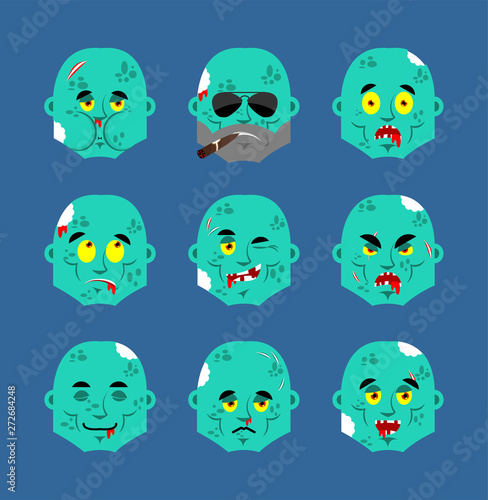 Zombie set emoji avatar. sad and angry face. guilty and sleeping. Living Dead sleeping emotion face. Undead Vector illustration