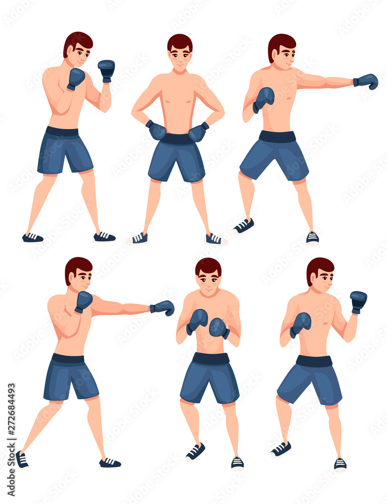 Set of boxer in sports pants with boxing gloves punching training cartoon character design flat vector illustration isolated on white background Set of boxer in sports pants with boxing gloves punching training cartoon character design flat vector illustration isolated on white background