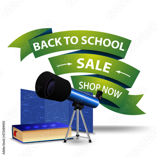 Back to school sale, discount clickable web banner in the form of ribbons with telescope, a map of the constellations and the encyclopedia of astronomy