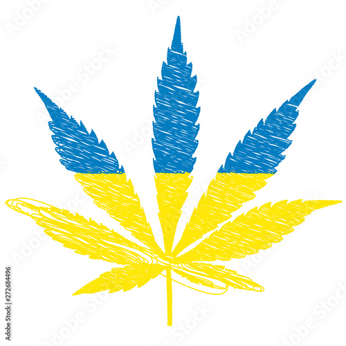 The concept of legalization of marijuana in Ukraine. Cannabis leaf of marijuana in the form of the Ukrainian flag.