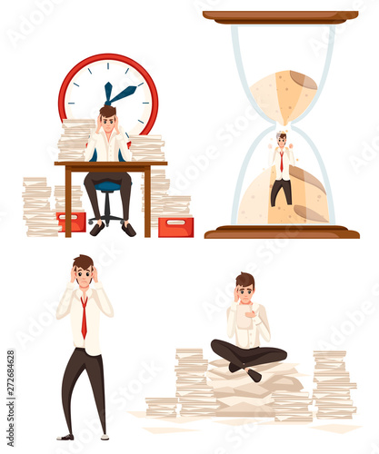 Set of Man overwork in office. Cartoon character design. Worked overtime, tired office worker. Stress of work. Table with paper stacks. Flat vector illustration on white background