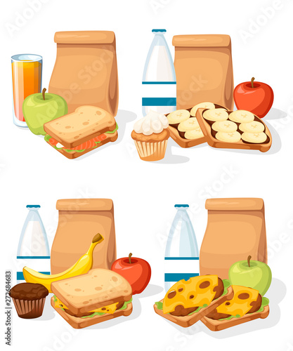 Set of different lunches with paper bags sandwiches drinks and fruits. Recycle brown paper bag. Flat vector illustration isolated on white background