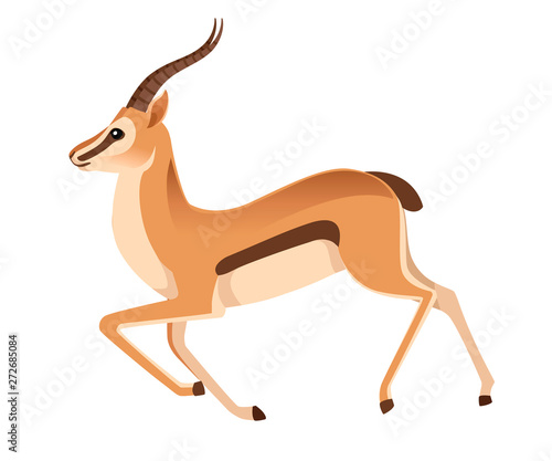 African wild black-tailed gazelle with long horns cartoon animal design flat vector illustration on white background side view antelope running