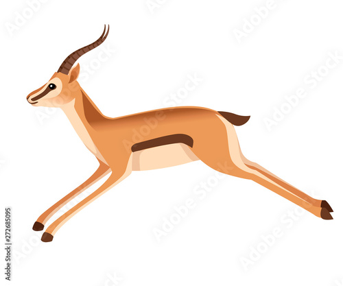 African wild black-tailed gazelle with long horns cartoon animal design flat vector illustration on white background side view antelope running