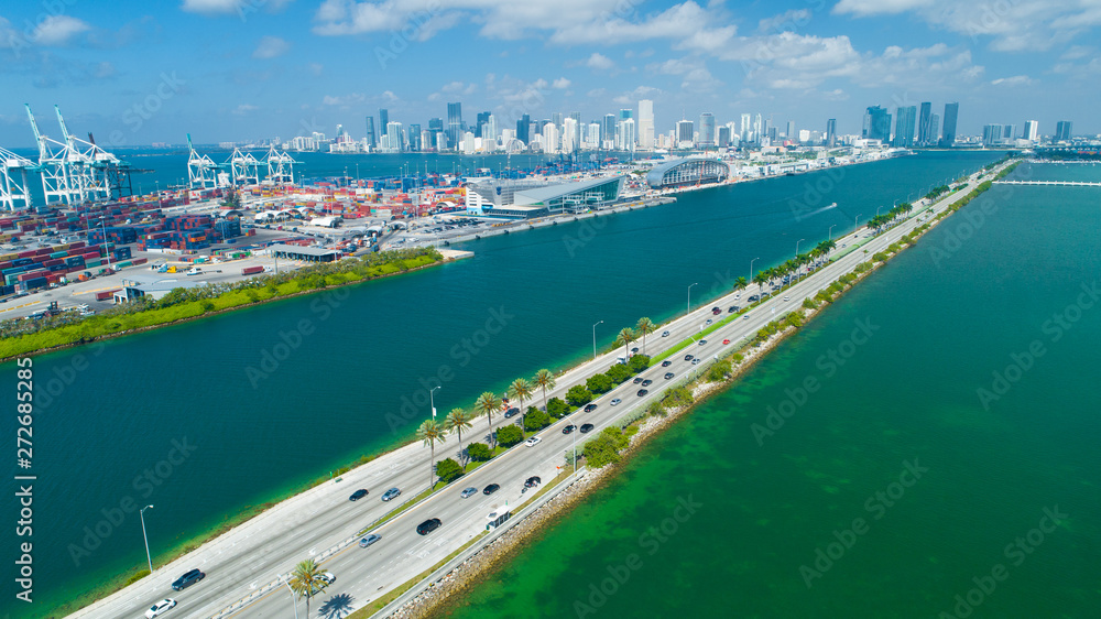 USA. FLORIDA. MIAMI BEACH. JUNE 2019: Aerial view of port Miami and Downtown skyline. 