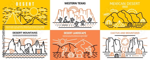 Fototapeta Desert banner set. Outline set of desert vector banner for web design