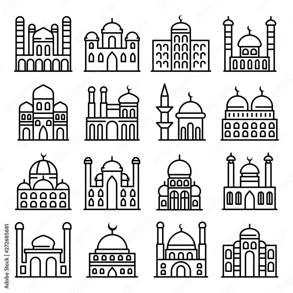 Mosque icons set. Outline set of mosque vector icons for web design isolated on white background