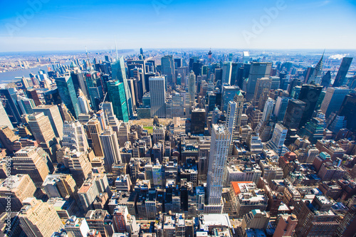 New York City Manhattan panorama aerial view with skyline at sunset.