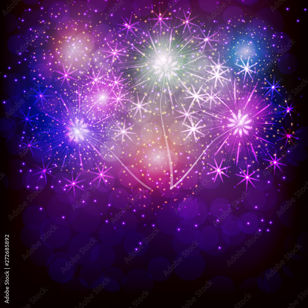 Fototapeta premium Firework for holidays. Sparkling in dark sky. Fireworks for festive events, new year, Christmas. Illustration.
