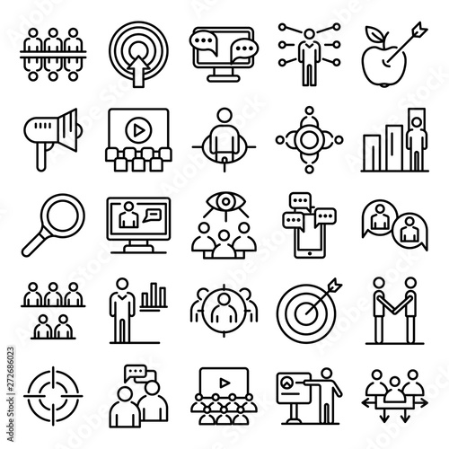 Audience icons set. Outline set of audience vector icons for web design isolated on white background