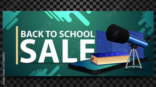 Back to school sale, discount horizontal banner with a smartphone, telescope, a map of the constellations and the encyclopedia of astronomy