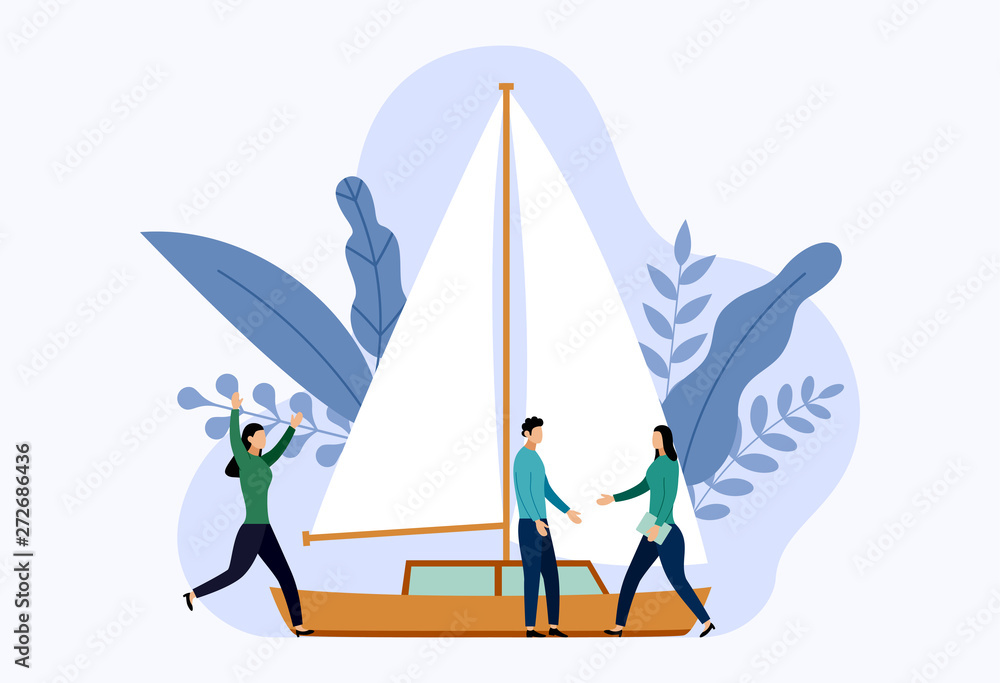 Obraz premium Yacht or sailboats with human concepts, travel vector illustration