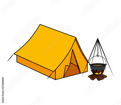 tent camping with wood fire icons