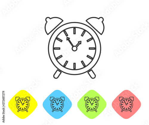 Grey Alarm clock line icon isolated on white background. Wake up, get up concept. Time sign. Set icon in color rhombus buttons. Vector Illustration