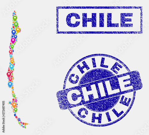 Vector colorful mosaic Chile map and grunge seals. Abstract Chile map is composed from random colorful geo pins. Seals are blue, with rectangle and round shapes. Abstraction for tourist advertisement.