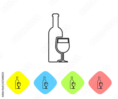 Grey Wine bottle with wine glass line icon isolated on white background. Set icon in color rhombus buttons. Vector Illustration