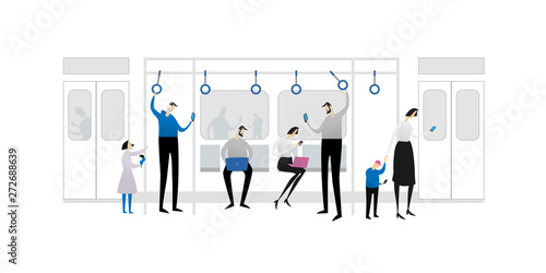 People in public transport using devices, passengers of the underground. City dwellers in metro, subway, tube or underground train car. Male and female characters with gadgets