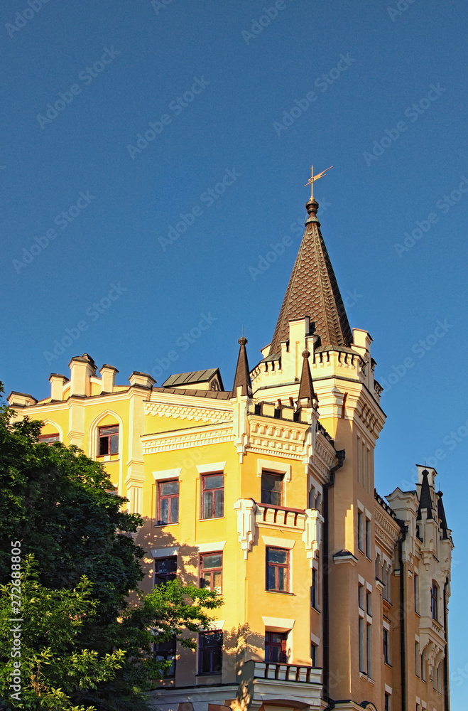 Beautiful landscape view of Castle of Richard the Lionheart against blue sky. House number 15th on Andrew descent (Andriyivsky uzviz, Podil neighborhood). Kyiv, Ukraine