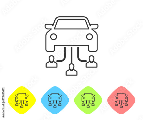 Grey Car sharing with group of people line icon isolated on white background. Carsharing sign. Transport renting service concept. Set icon in color rhombus buttons. Vector Illustration