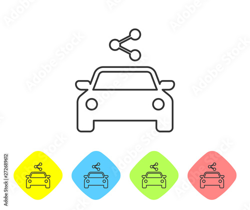 Grey Car sharing line icon isolated on white background. Carsharing sign. Transport renting service concept. Set icon in color rhombus buttons. Vector Illustration