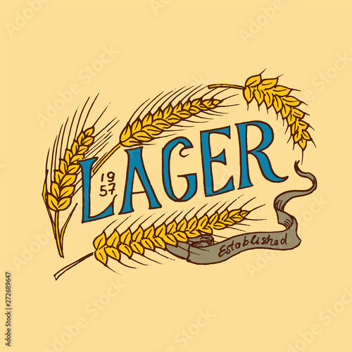 Rye for wheat beer in vintage style. Alcoholic Label with calligraphic elements. Classic American badge for poster banner. Hand drawn engraved sketch lettering for web, pub menu.