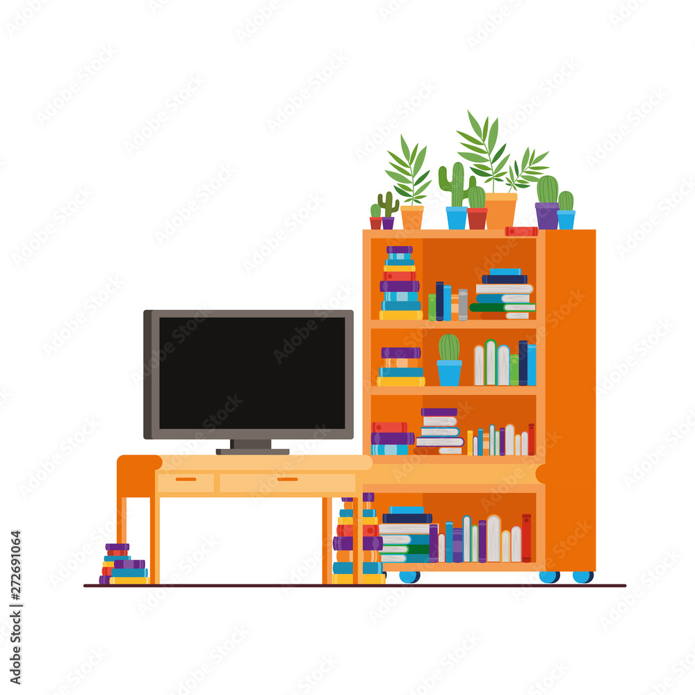 plasma tv in wooden shelf with books plasma tv in wooden shelf with books