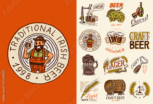 Bavarian beer man and Vintage badges. Set of Alcoholic Label with calligraphic elements. Classic American frame for poster banner. Cheers toast. Hand drawn engraved sketch lettering for pub menu.