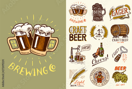 Vintage beer posters.  Cheers toast.  Set of Alcoholic Labels with calligraphic elements. American banners. Hand drawn engraved sketch lettering for web, pub menu.