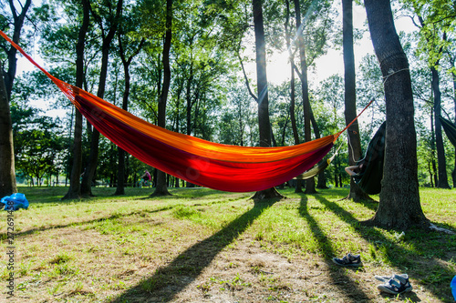 Colorful hammock in forest at sunset.