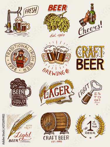 Bottle of beer in hand with the inscription Cheers toast. Rye and wheat. Set of Vintage labels and badges for poster. Hand drawn engraved sketch for pub menu.