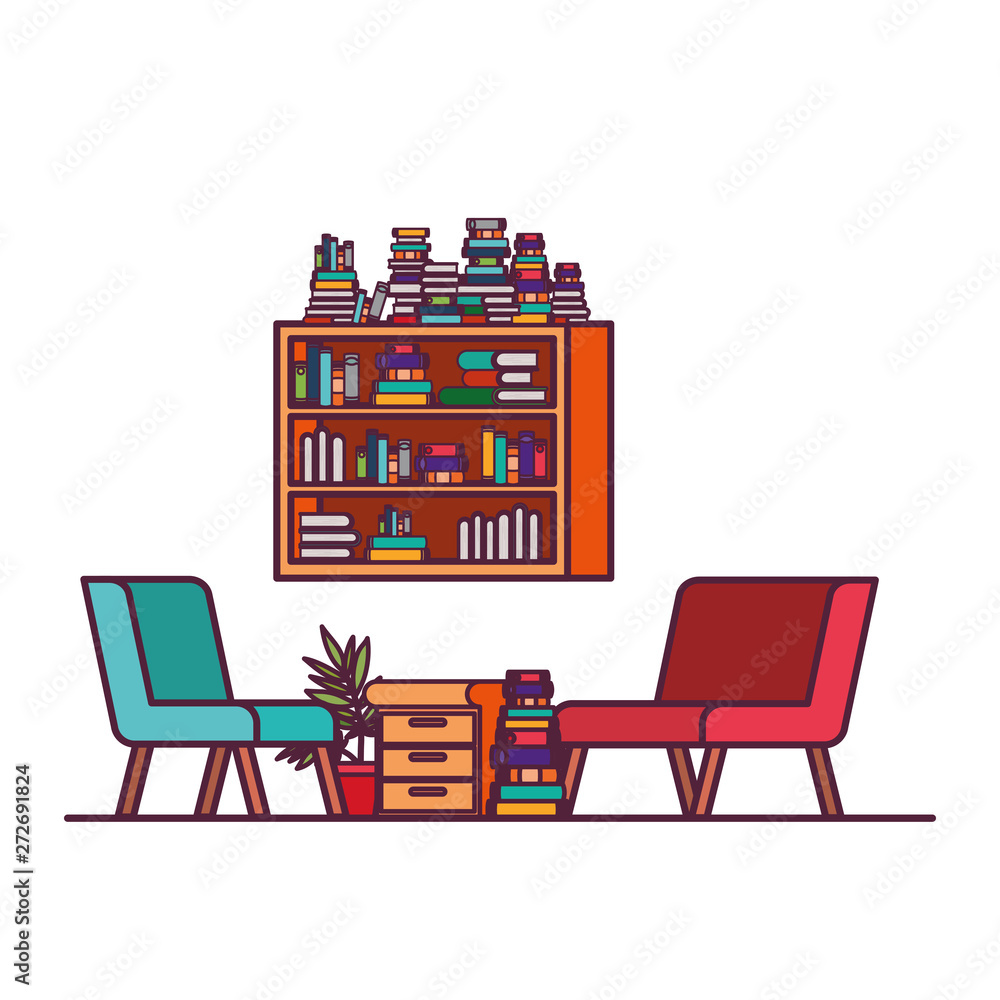 living room with couch and bookshelf of books
