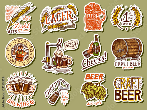 Vintage beer stickers. Set of Alcoholic Label with calligraphic elements. Classic American frame for poster banner. Cheers toast. Hand drawn engraved sketch lettering for web, pub menu.
