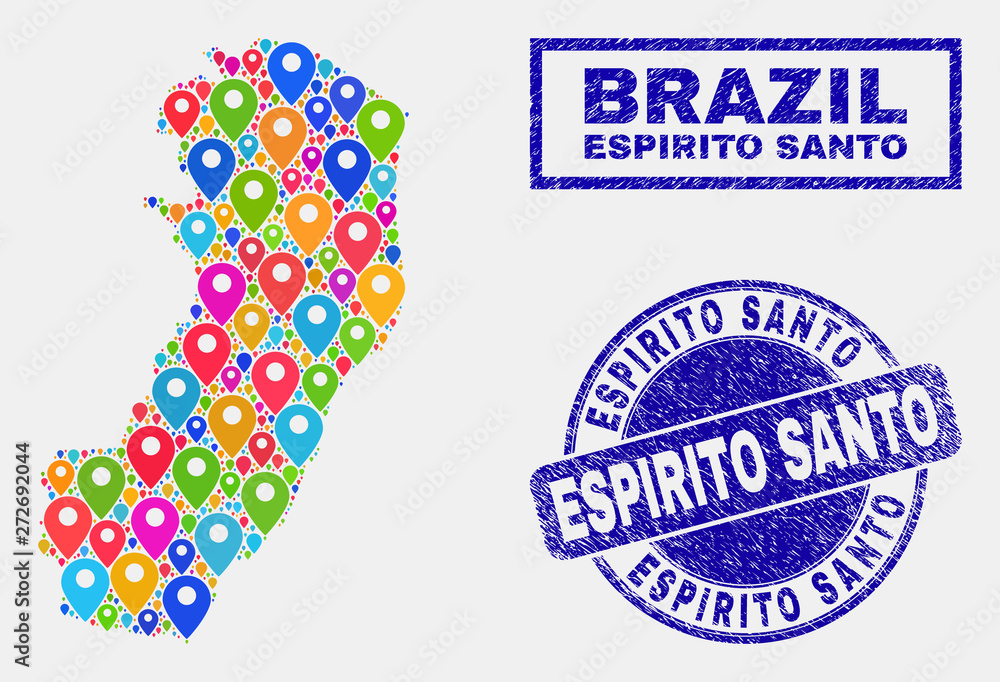 Vector bright mosaic Espirito Santo State map and grunge seals. Abstract Espirito Santo State map is formed from scattered bright map locations. Stamp seals are blue, Vector bright mosaic Espirito Santo State map and grunge seals. Abstract Espirito Santo State map is formed from scattered bright map locations. Stamp seals are blue,
