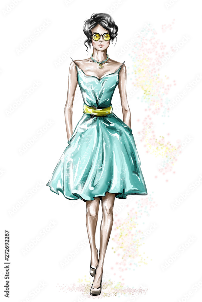 Hand drawn beautiful young woman in dress. Stylish girl. Fashion woman look. Summer outfit. Sketch. Fashion illustration.