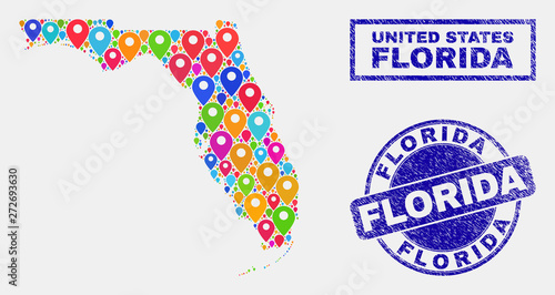 Vector colorful mosaic Florida State map and grunge stamp seals. Flat Florida State map is designed from random colorful navigation locations. Stamp seals are blue, with rectangle and rounded shapes.