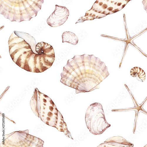 Peel and stick wall murals Sea shells, seamless pattern, marine background.  Watercolor tropical beach design. Repeat fabric wallpaper print texture.  Perfectly for wrapped paper, backdrop, frame or border. Marine collection.  