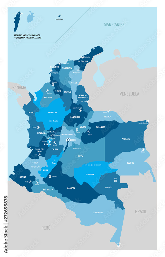 Colombia political map. Vector illustration with isolated separated