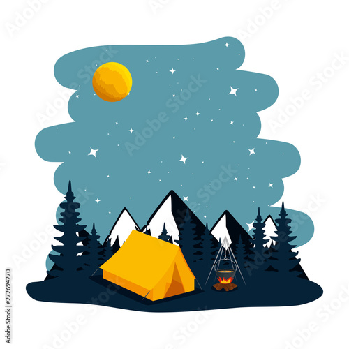 camping zone with tent and campfire at night scene