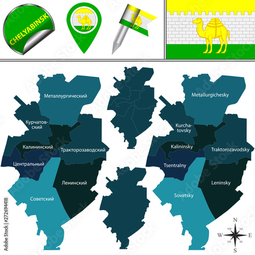 Schilderij op canvas Map of Chelyabinsk with Districts