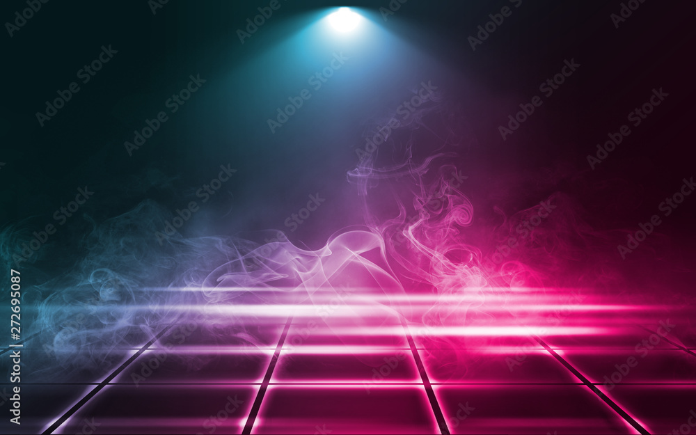 Empty background scene. Dark street reflection on wet asphalt. Rays of neon light in the dark, neon figures, smoke. Background of empty stage show. Abstract dark background.