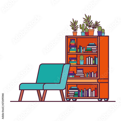 living room with couch and bookshelf of books
