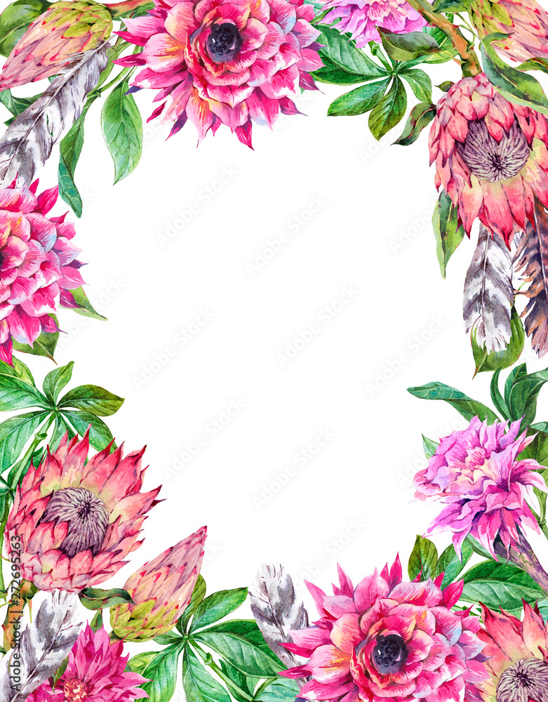 Obraz premium Tropical watercolor vertical frame of protea and colorful flowers. Exotic summer bouquet, twigs and leaves.