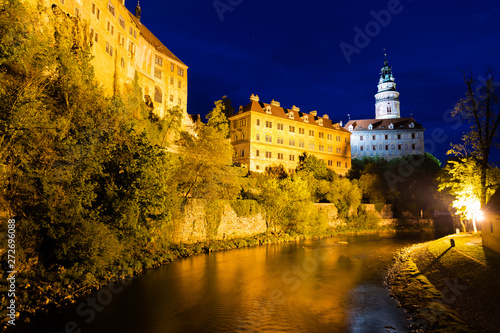 Panoramic landscape sunset view with blue dark sky the historic city of Cesky Krumlov with famous Church city is on a UNESCO World Heritage Site captured during spring with nice sky and clouds