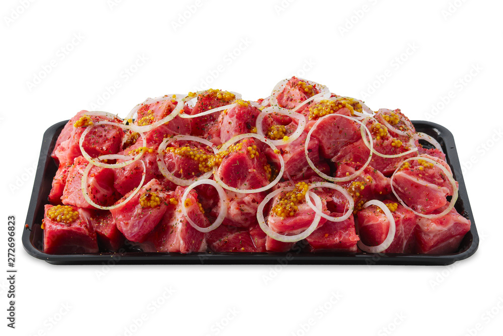 Obraz premium Tray with marinated meat cutted on pieces and ready for shashlik or kebab isolated on white