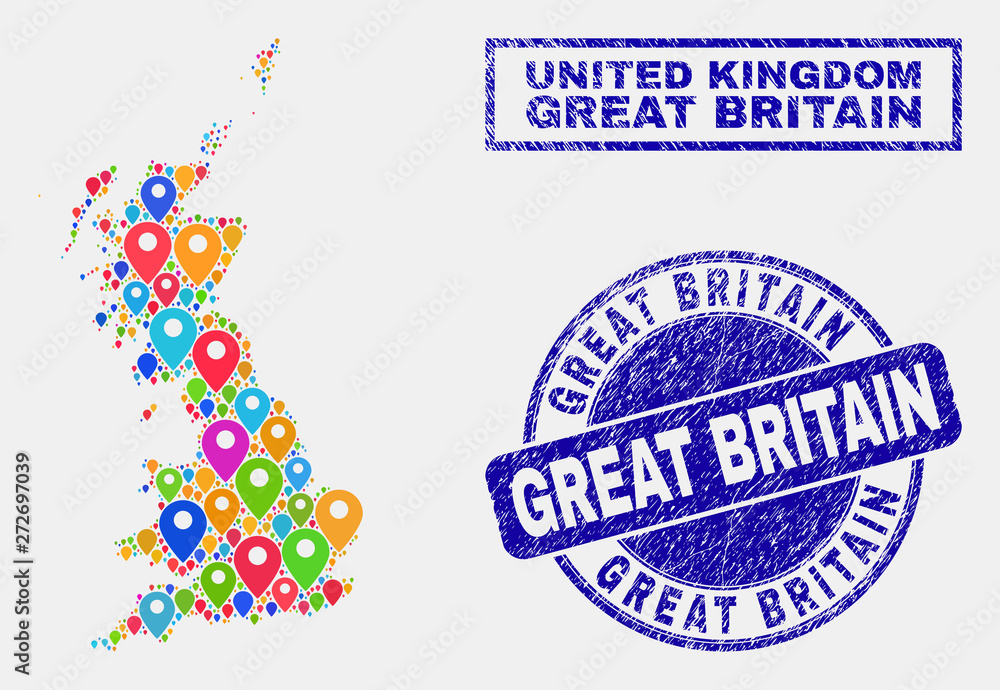 Vector bright mosaic Great Britain map and grunge stamp seals. Abstract Great Britain map is composed from scattered colorful site positions. Stamp seals are blue, with rectangle and round shapes. Vector bright mosaic Great Britain map and grunge stamp seals. Abstract Great Britain map is composed from scattered colorful site positions. Stamp seals are blue, with rectangle and round shapes.